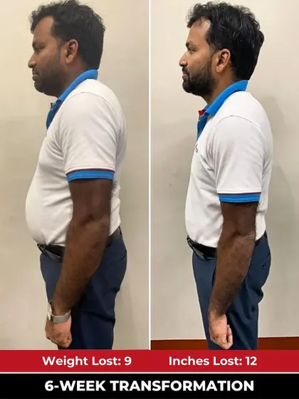 Kishan's transformation is a perfect example of trusting the process. This side-by-side comparison shows a remarkable loss of 9 kgs and 12 inches in just six weeks.