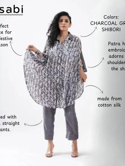 A closer look at the details of our charcoal grey shibori co-ord set. Made from cotton silk with Patra hand embroidery and paired with classic polka straight pants, it’s a perfect choice for festive gatherings where you want to be comfortable and stylish.