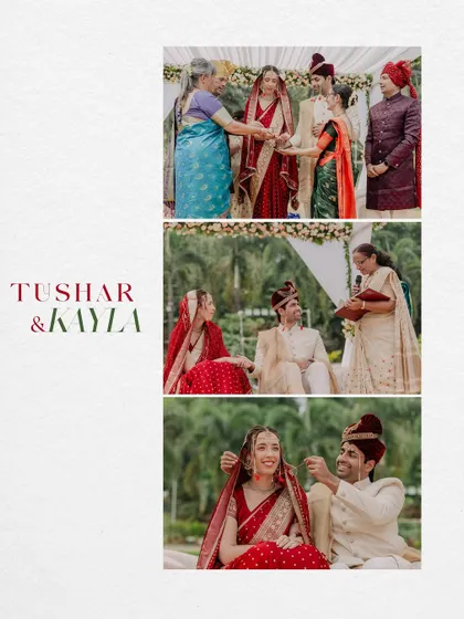 A collage of the wedding rituals of Kayla and Tushar, showcasing the cultural traditions and the blessings from their family.