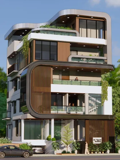This contemporary home in Koramangala was designed for a 40x60 north-facing plot with a mix of residential and commercial use. The elevation features a unique curved form that wraps around the building, integrating decks, balconies, and green spaces.