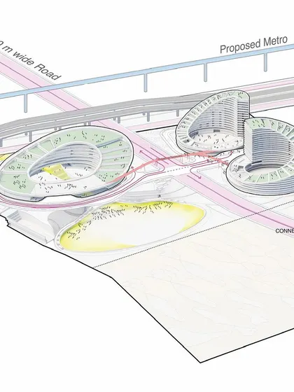 This diagram shows the conceptual development of the Urban Centre for Excellence, starting from site zoning and evolving into the final fluid forms.
