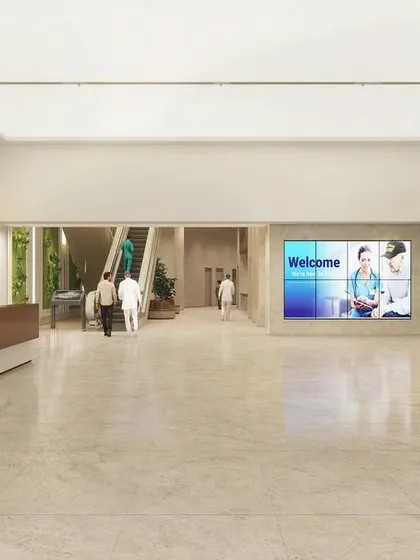 The main reception at AIG Hospitals is designed for clarity and warmth. A combination of natural materials, soft lighting, and a clear line of sight to information points helps manage patient flow and reduce stress upon entry.