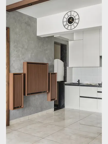Here is the folding dining set completely tucked away. This solution is perfect for compact homes, as it frees up valuable floor space while still providing the function of a full dining area when needed.