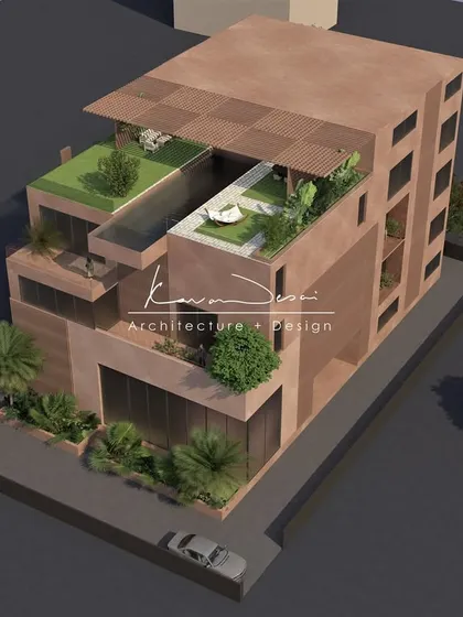 An aerial perspective of a multi-level modern residence. You can see how the private terraces and rooftop garden with a pool are designed as distinct zones, offering different experiences on each floor.