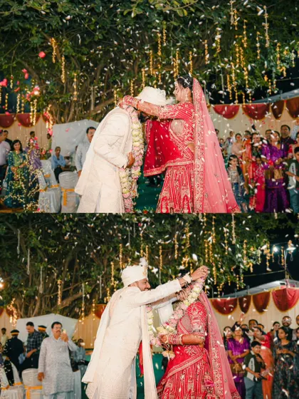 A two-part image showing the fun and competitive spirit of the varmala exchange, a classic Indian wedding moment.