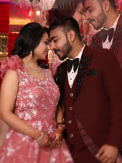 A romantic, layered photo of the couple sharing a close moment during their engagement celebration.