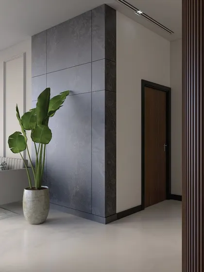 This bespoke wardrobe redefines storage with a symphony of stone and wood veneer. The fluted wood paneling and dark stone-like laminate create a sophisticated and timeless piece that is as much art as it is furniture.