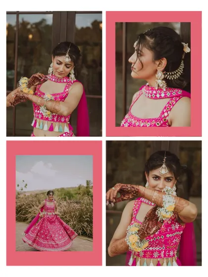 A collection of portraits showcasing the bride's vibrant Haldi look. From full-length twirls to close-ups of her floral jewelry, this collage captures her beauty from every angle.