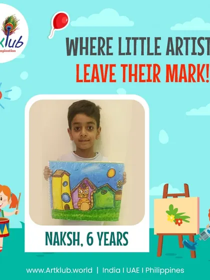 Naksh, age 6, leaves his mark with this creative drawing of colorful houses.