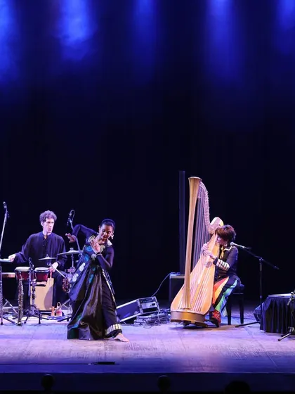 A beautiful moment from the 'Jazz meets Kathak' concert at the Royal Opera House, Mumbai. Here, I am accompanying international artists on the harp and woodwinds, creating a unique fusion of world music, jazz, and Indian classical rhythm.