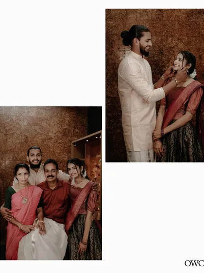 A collage showing family moments and tender couple portraits from a Kerala wedding.