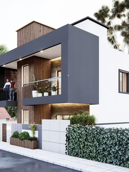 A different perspective of the modern home with the cantilevered balcony, emphasizing its clean lines and geometric purity. This angle shows the depth and layering of the architectural forms.