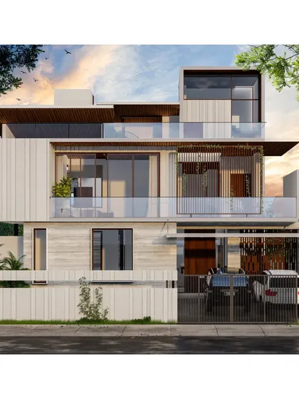 Proposed elevation for Mr. Vinod's residence. The facade is clad in light travertine, accented with wood and glass details for a sleek, classy, and timeless contemporary look.