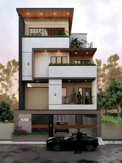 A narrow-plot home design that maximizes vertical space. This concept features multiple balconies with planters, creating green spaces at every level, and a distinct modern facade.