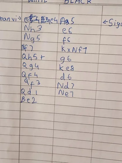 A scoresheet showing chess notation from a game between two students. Learning to record moves is a crucial skill for serious players, allowing for post game analysis with our coaches.