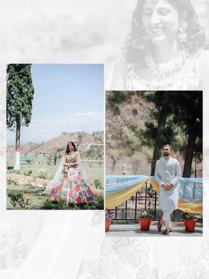 A diptych of the bride and groom at their outdoor Haldi ceremony. The photos capture them in a moment of calm amidst the vibrant festivities.