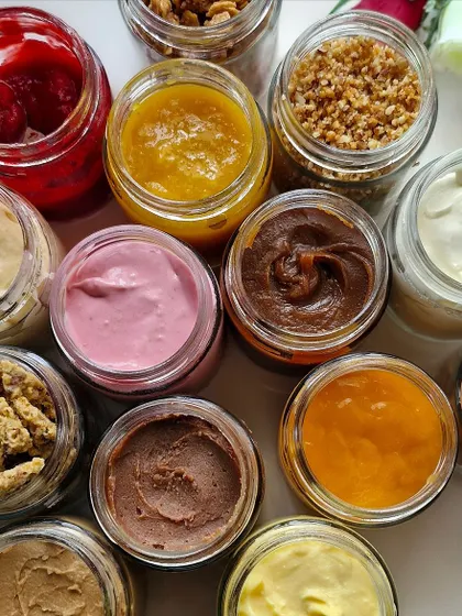 An overhead shot of the colorful and delicious fillings from our 30-day masterclass.