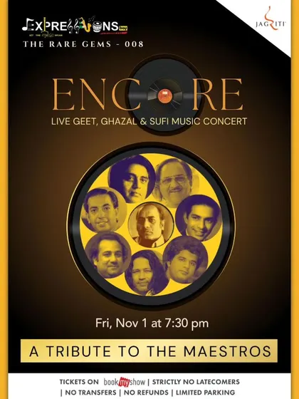 The poster for "Encore," a live Geet, Ghazal, and Sufi music concert paying tribute to the maestros of these genres.