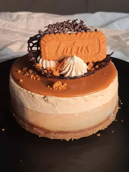 Another shot of my signature Biscoff cheesecake, ready to be served. The balance of textures from the crunchy base, creamy filling, and decorative toppings is key.