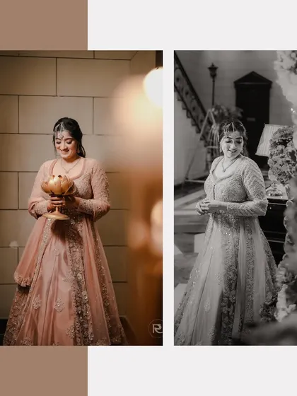 A diptych of the bride at her Sufi night, holding a decorative lotus candle holder. The mix of a color and a black-and-white photo adds an artistic touch.