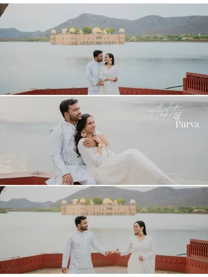 Ankit and Purva in elegant white outfits at Jal Mahal. The soft, diffused light of an overcast day creates a dreamy and romantic atmosphere for their couple photoshoot.