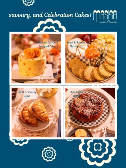 A collage showcasing the variety in our Diwali menu, from the Marigold Cake and shortbreads to gujiyas and our Chilli Cheese Babka.