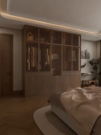 This render shows the concept for a master bedroom with a unique semi-open wardrobe made of wooden slats. This design choice creates a visual partition while maintaining an airy, open feel.