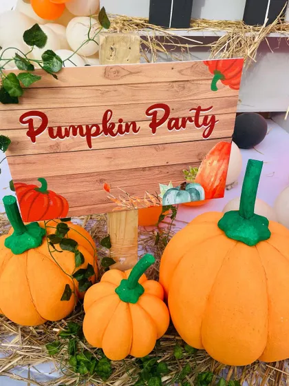 A close-up of the "Pumpkin Party" sign and handmade pumpkin props, perfect for an autumn birthday.