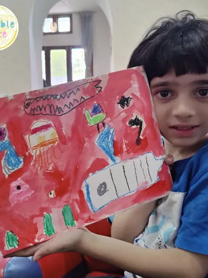 This student created a fantastic red sea filled with imaginative creatures during an online session, showing how a simple prompt can lead to a unique world.