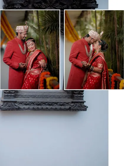 A collage capturing tender moments, including a gentle kiss on the forehead, set against a traditional backdrop.