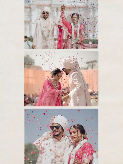 A collage of happy moments from Shreya and Harsh's wedding, capturing the flower petal shower and their triumphant poses after the ceremony.