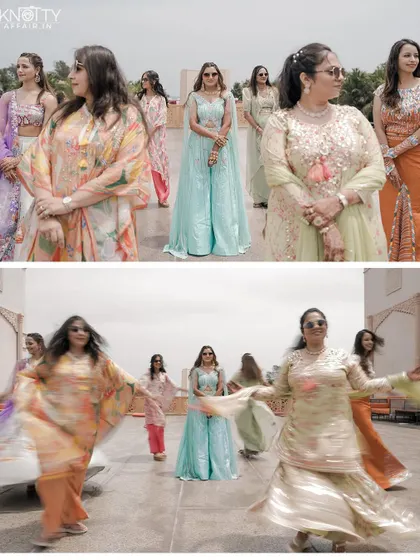 The bridesmaids' dance performance, captured with both still and motion-blur techniques to show the energy of the moment.