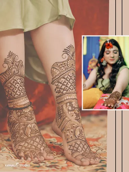 A detailed shot of the bride's intricate leg and foot mehendi design, a true work of art.