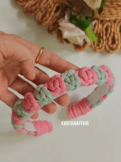 Another angle of the macrame rose flower hairband. The alternating colors create a beautiful floral pattern.