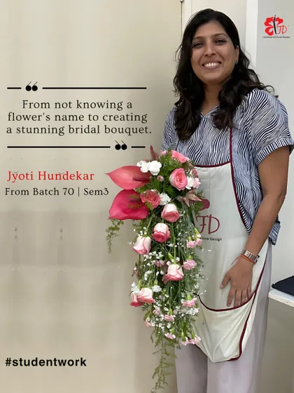 This is the journey I offer: from not knowing a flower's name to creating a stunning bridal bouquet. This piece, made by Jyoti from Batch 70, shows the confidence and skill you will gain through hands-on training and professional techniques.