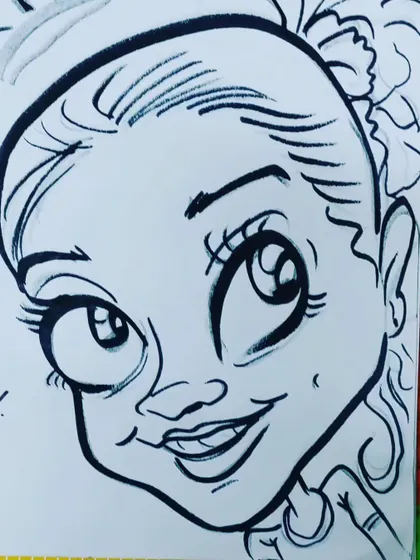 A close-up of a kid's caricature, focusing on the big, expressive eyes and happy smile.
