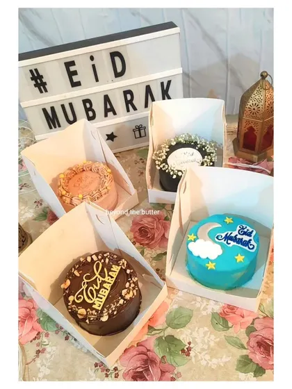 A collection of my custom-decorated bento cakes for Eid Mubarak, each with a unique festive design.