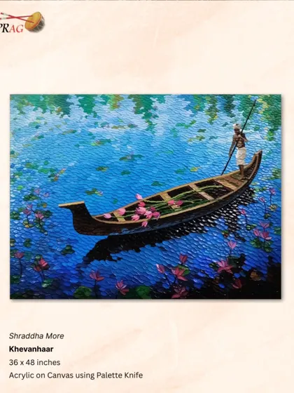 'Khevanhaar' (The Boatman) by Shraddha More, a large palette-knife painting that immerses the viewer in the tranquility of the lotus pond.