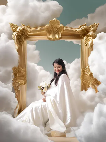 For clients looking for something truly unique, we offer creative and AI-enhanced portraits. This heavenly-themed photo places the mother-to-be in a dreamlike setting, showcasing our artistic editing capabilities.