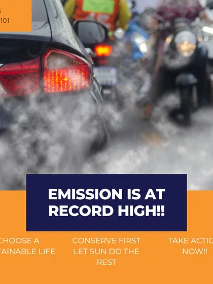 A graphic highlighting that emissions are at a record high. It serves as a call to action to choose a sustainable life, with solar energy and electric vehicles being key solutions we provide.