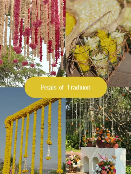 The beauty of traditional floral decor. This mood board celebrates the timeless appeal of marigold garlands and other classic Indian floral arrangements used in wedding rituals.