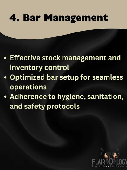 Bar Management is a crucial part of our curriculum. We teach effective stock and inventory control, how to optimize a bar setup for seamless operations, and adherence to hygiene and safety protocols.