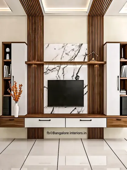 Symmetry and contrast define this TV unit design. We paired dark wood slats with white cabinets and a striking marble-patterned back panel, creating a balanced and luxurious entertainment center.