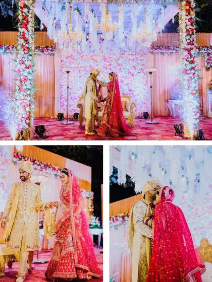 A collage from Jyotsna and Prateek's grand wedding ceremony, showing their Varmala exchange and first moments as a married couple on a beautifully decorated stage.