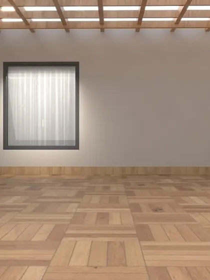 A proposed design for a clean and spacious terrace floor. The render focuses on the wooden parquet flooring, providing a warm and elegant base for the rest of the landscape elements.