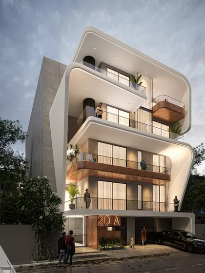 An alternate angle of the Dwarka Sector 23 proposal, showing how the curved frames create sheltered balconies and a unique architectural identity.