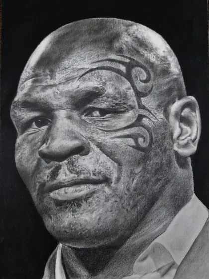 A hyper-realistic sketch of boxing legend Mike Tyson, focusing on the texture of his skin and his iconic face tattoo.
