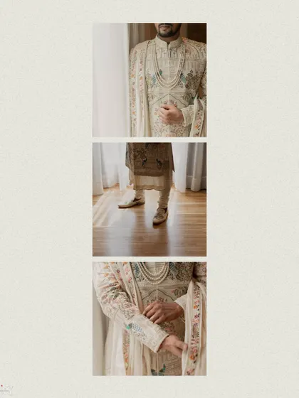 A collage of the groom's wedding day details, from his sherwani to his shoes.