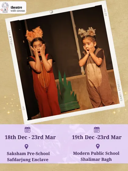 Two young actors in costume, with shocked expressions, from our production of "The Three Little Pigs." This poster announces our program dates and locations.