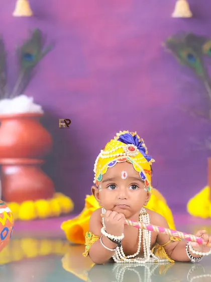 A baby dressed as Little Krishna lies on his tummy, looking thoughtfully at his flute. The purple background and traditional props create a rich and colorful scene.